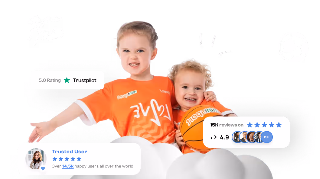 Two smiling children in orange sports shirts, one holding a basketball, surrounded by positive Trustpilot ratings and review icons.