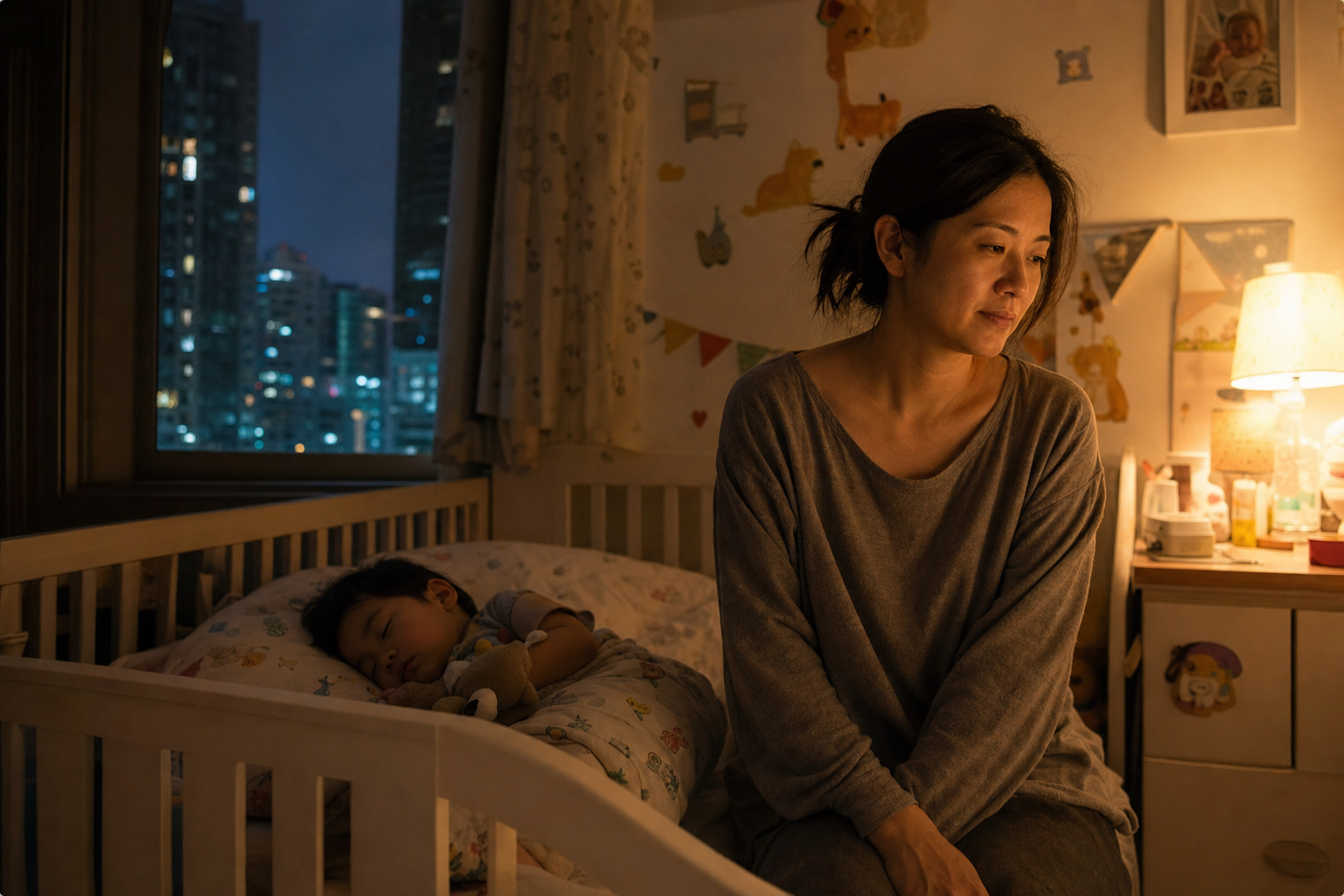 A parent sitting quietly by their sleeping toddler, reflecting on the bedtime routine