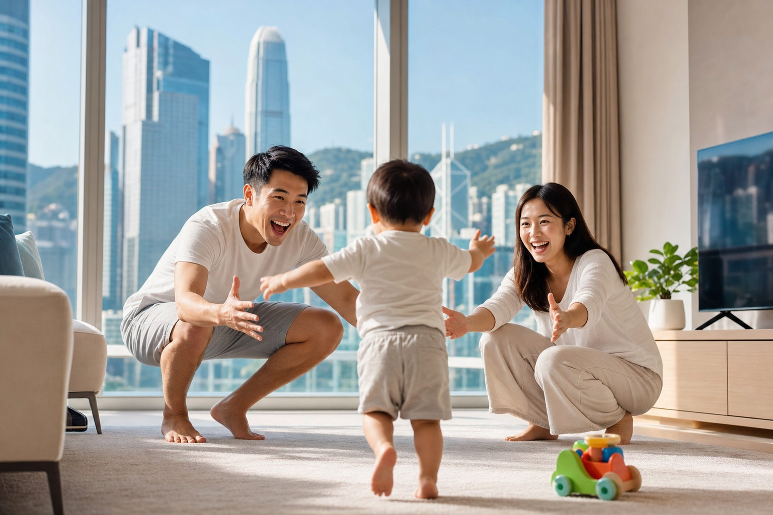 A joyful family morning scene with a toddler running toward parents
