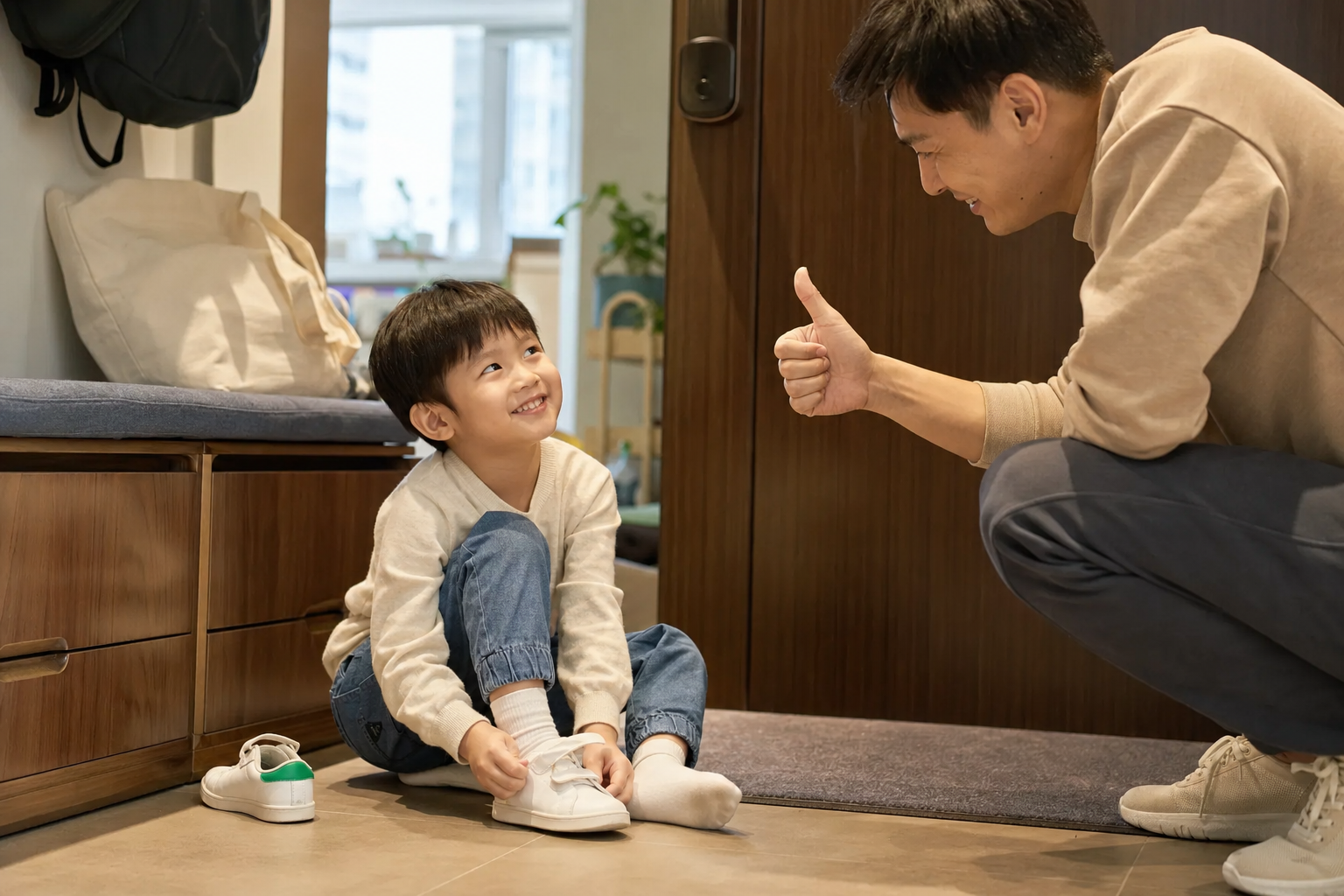 Child successfully putting on shoes with parent giving thumbs up