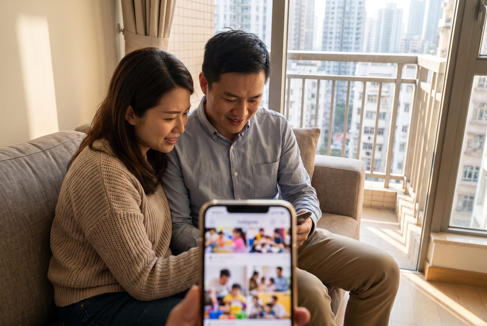 Parents looking at idealised parenting content on a phone