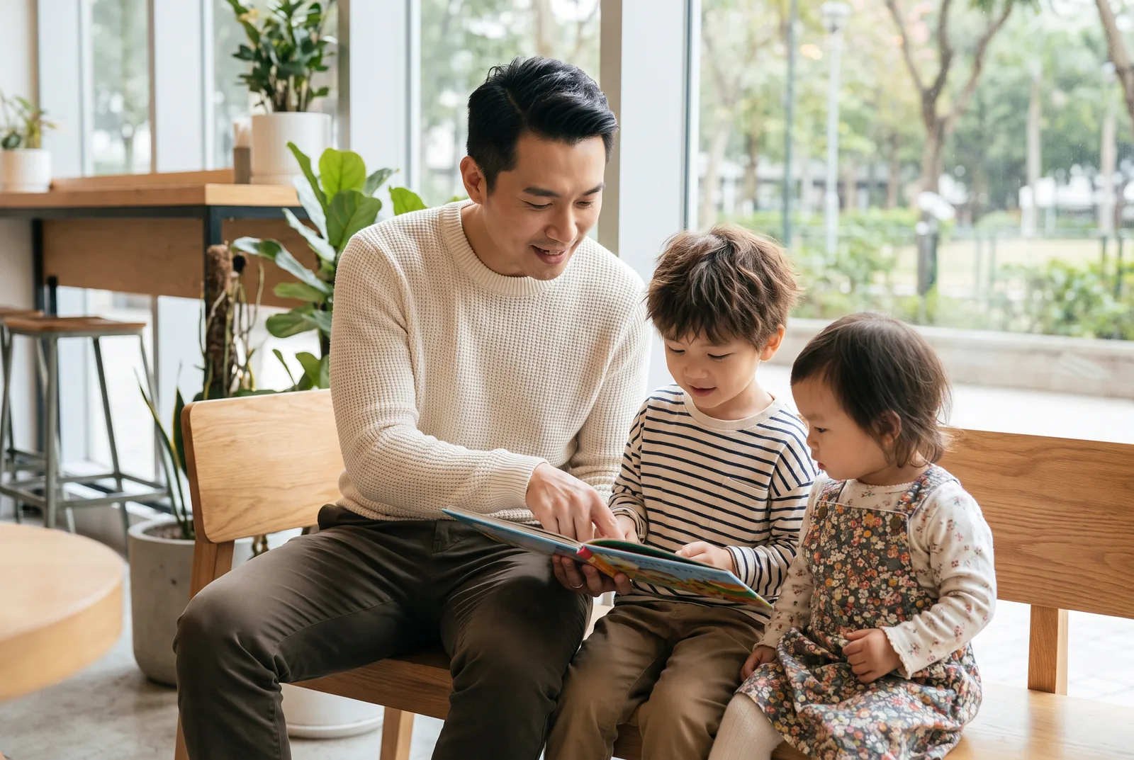 Fresh, engaged father sharing a picture book with his two children in a bright park or family cafe