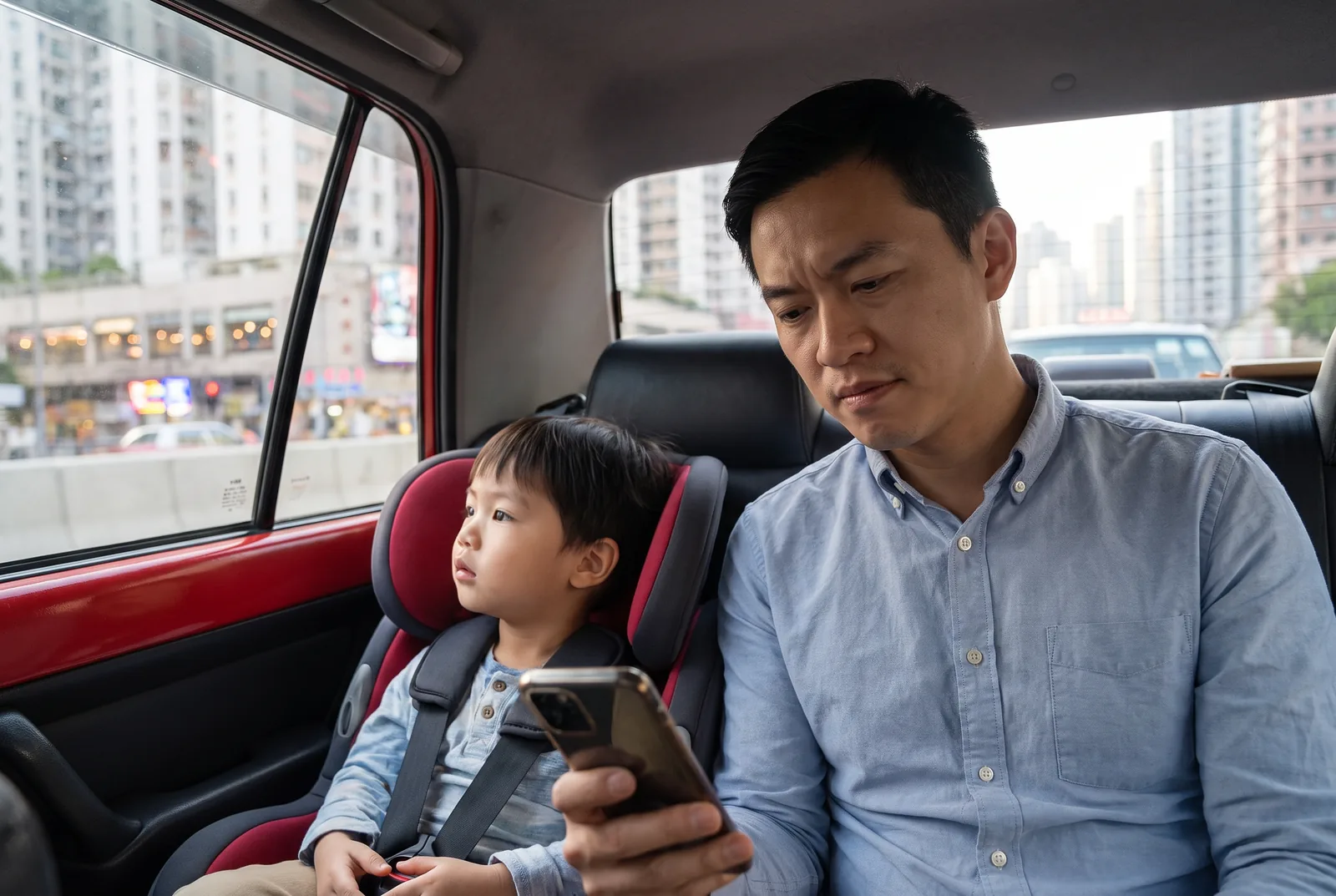 Fresh parent checking a smartphone in a taxi while a child sits nearby