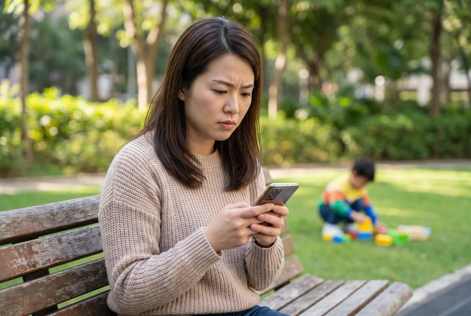 Fresh Eurasian parent checking a phone on a park bench while a child plays behind