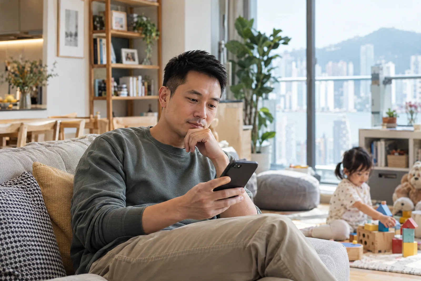 Healthy parent using a phone at home while a young child plays nearby