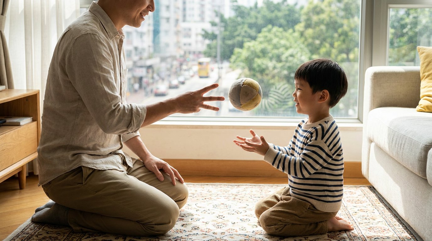 A parent kneeling in front of a child while guiding a soft ball toward them