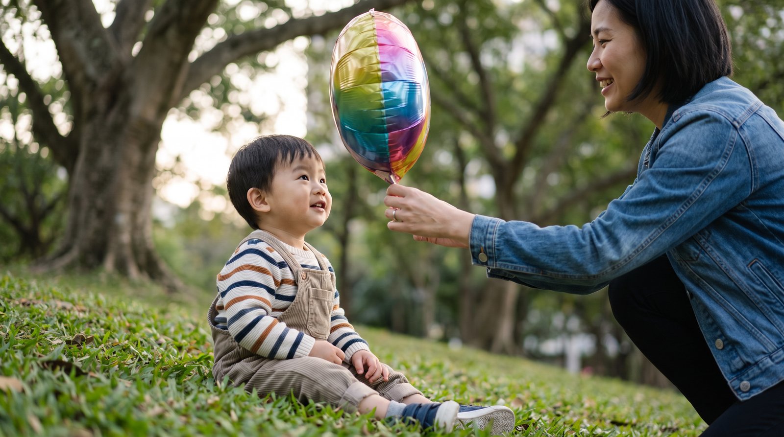 A child watching a colourful balloon during an early catching exercise