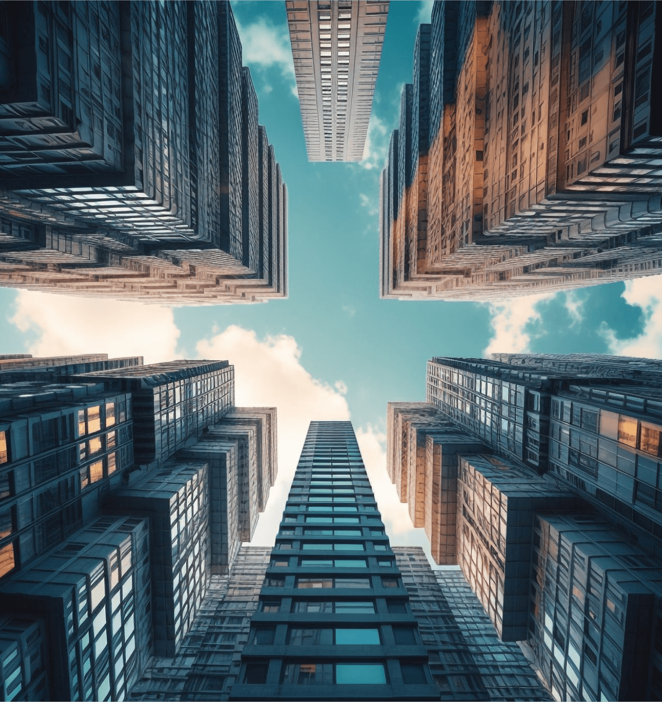 View looking up at tall modern skyscrapers with reflective windows against a blue sky with scattered clouds.