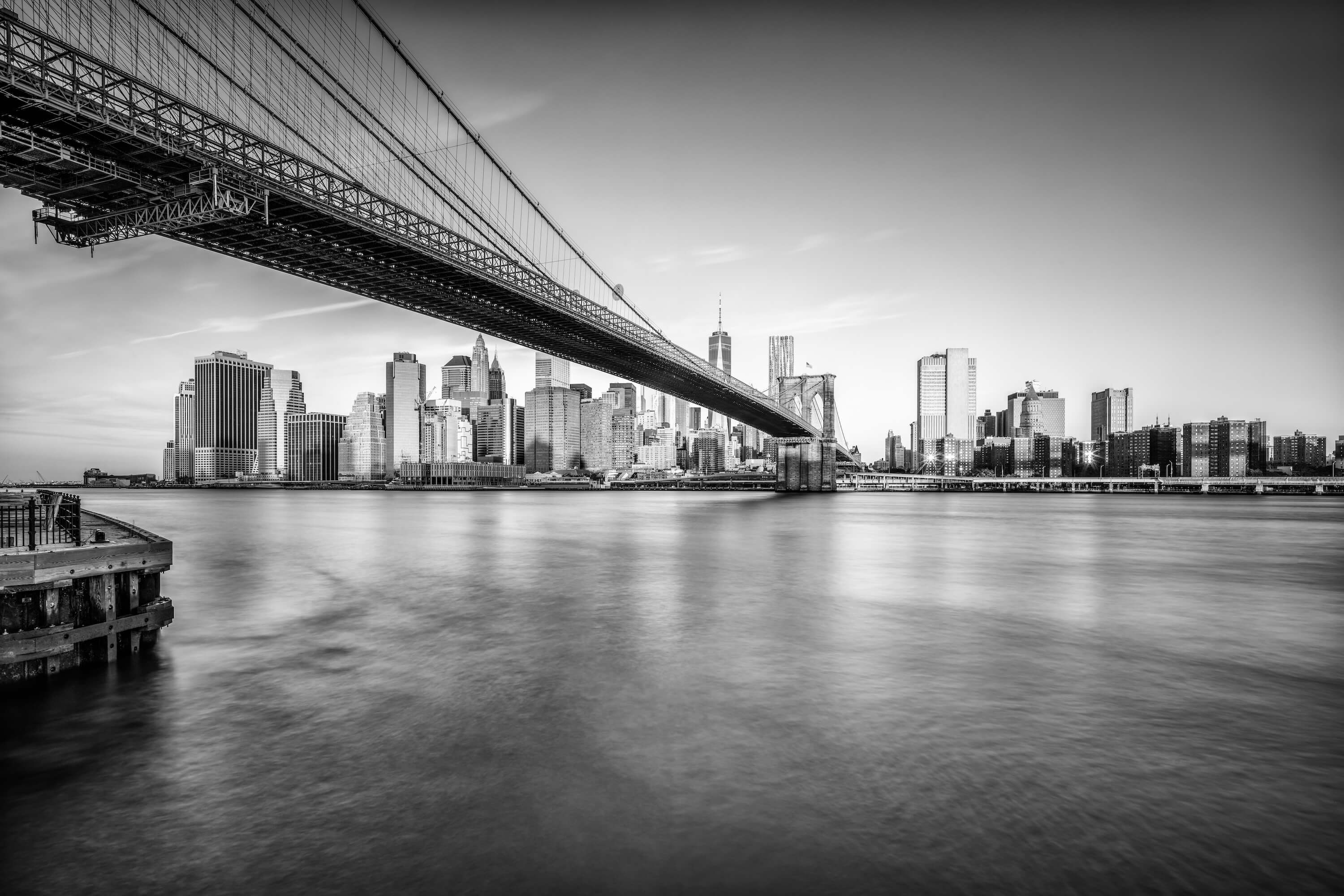 Skyline view of New York with bridge in view.