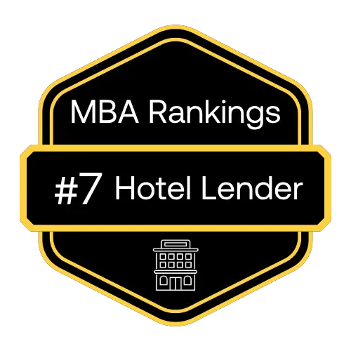 Black and gold badge showing 2024 MBA Rankings with #7 Hotel Lender and an icon of a hotel building.