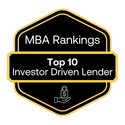 MBA Rankings badge showing Top 10 Investor Driven Lender with a hand holding a locked dollar sign icon.