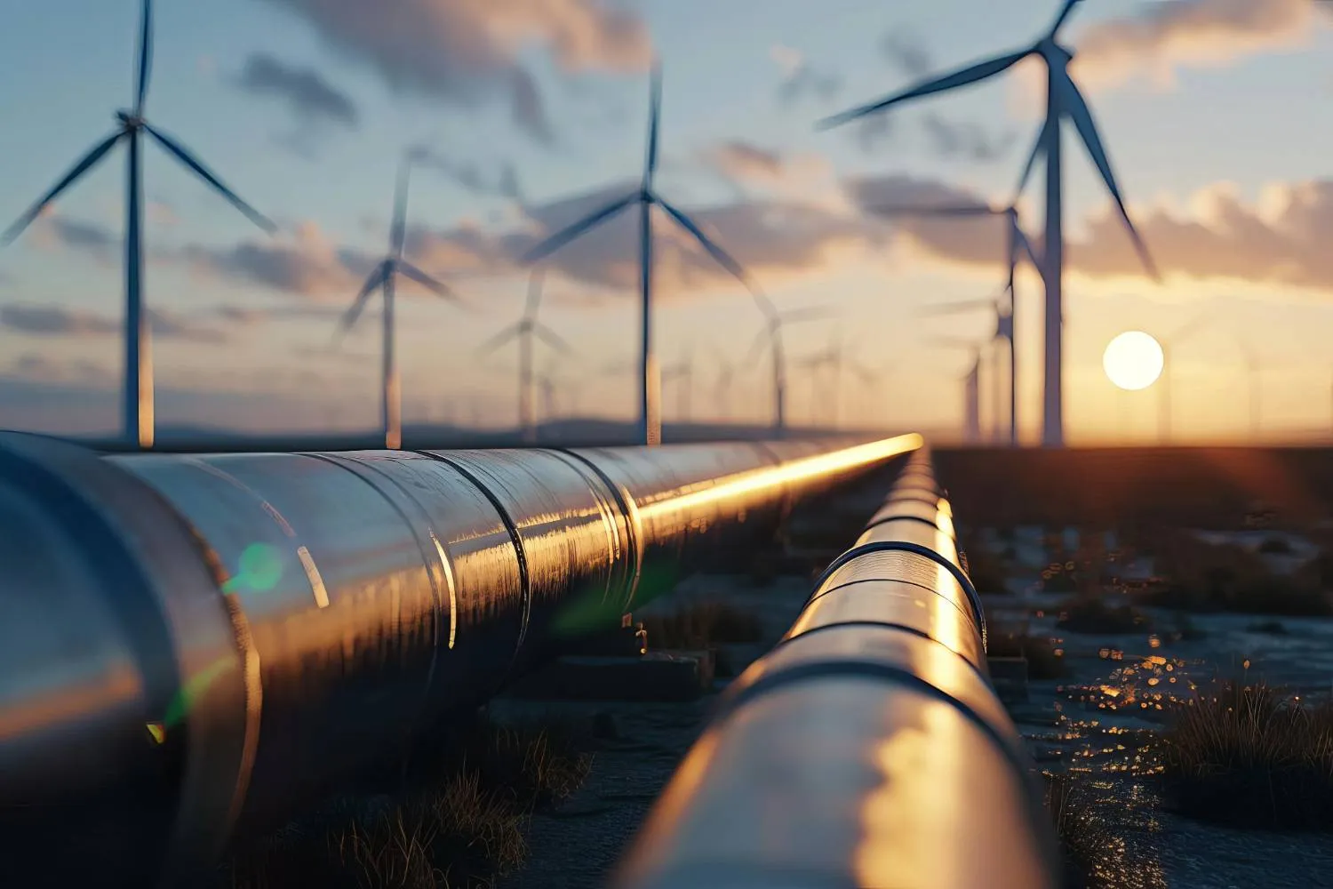 hydrogen pipes with wind turbines in the background