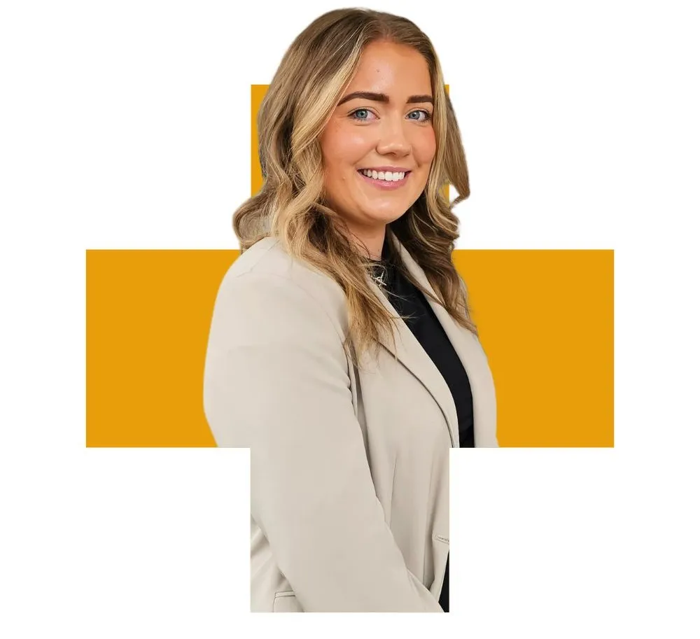 woman smiling in a plus shaped frame