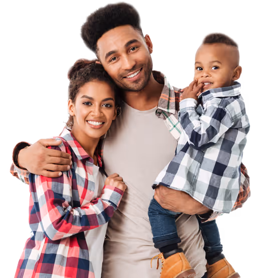 Family holding baby all wearing checkered shirts.