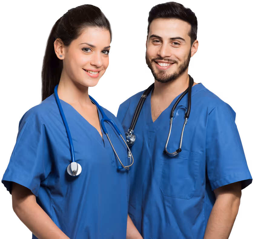 Two medical worker wearing stethoscopes.