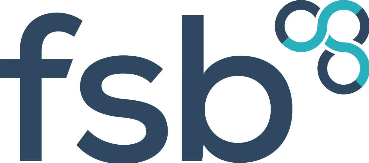 Logo with lowercase "fsb" and three abstract circular shapes in blue and teal on the top right.