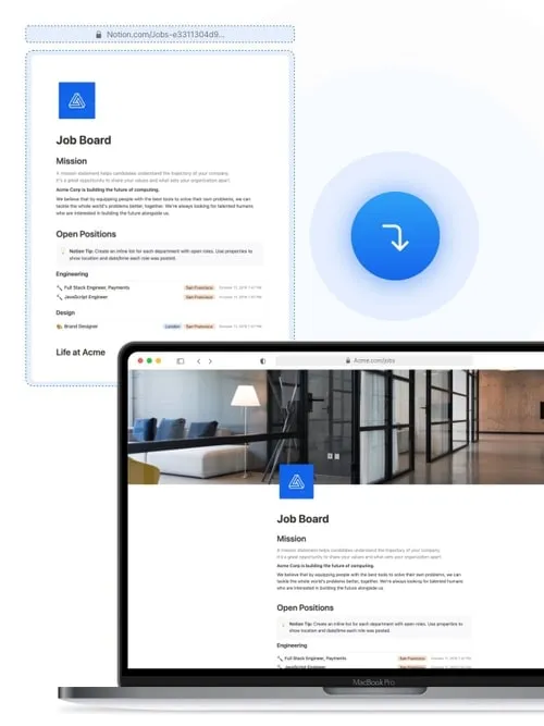 A Notion page becomes a live website (previewed in a laptop)