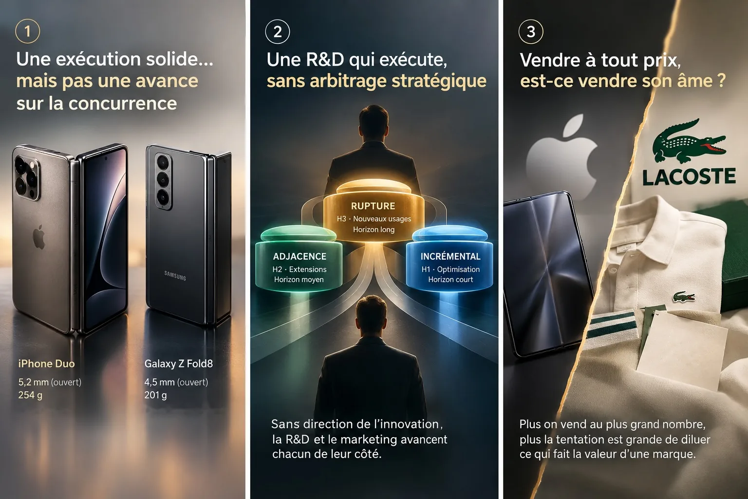 Synthèse en trois volets : exécution solide mais sans avance sur la concurrence, R&D sans arbitrage stratégique entre les trois horizons d'innovation, et risque de dilution de la marque premium