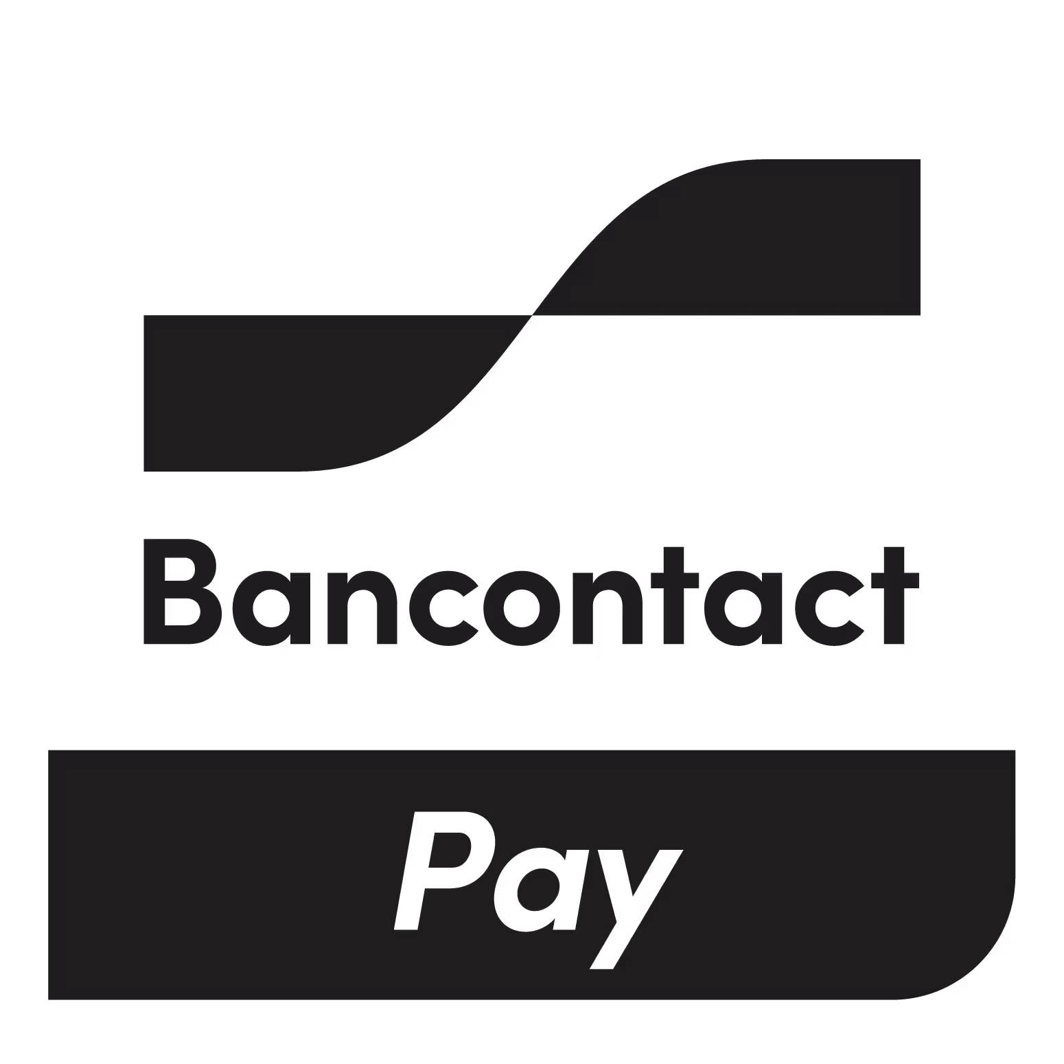 Black and white Bancontact Pay logo with a wavy line above bold text, conveying simplicity and modernity.