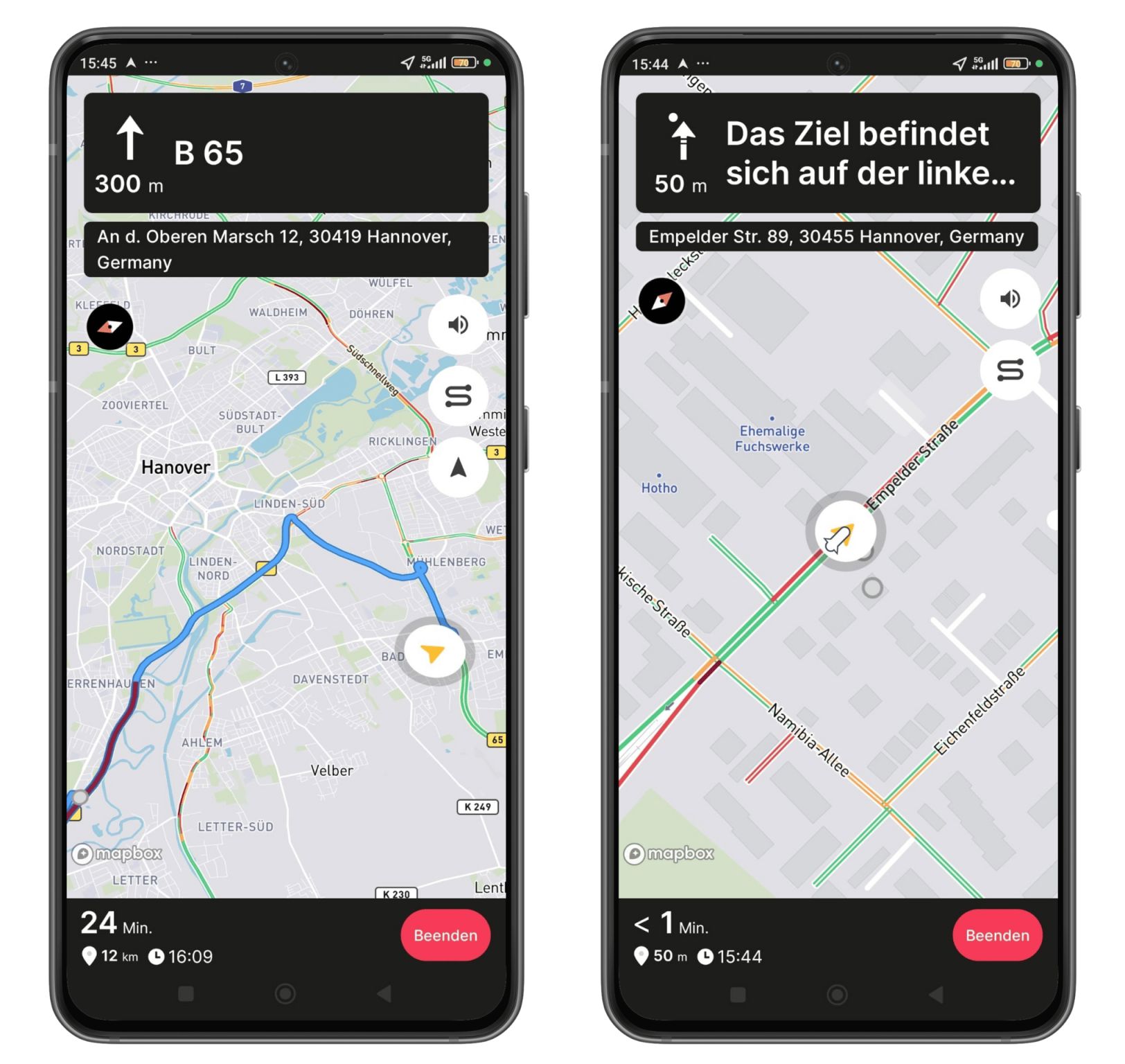 Two smartphone screens showing Mapbox-powered navigation in Hanover, Germany, with route details, destination addresses, estimated arrival times, and navigation controls.