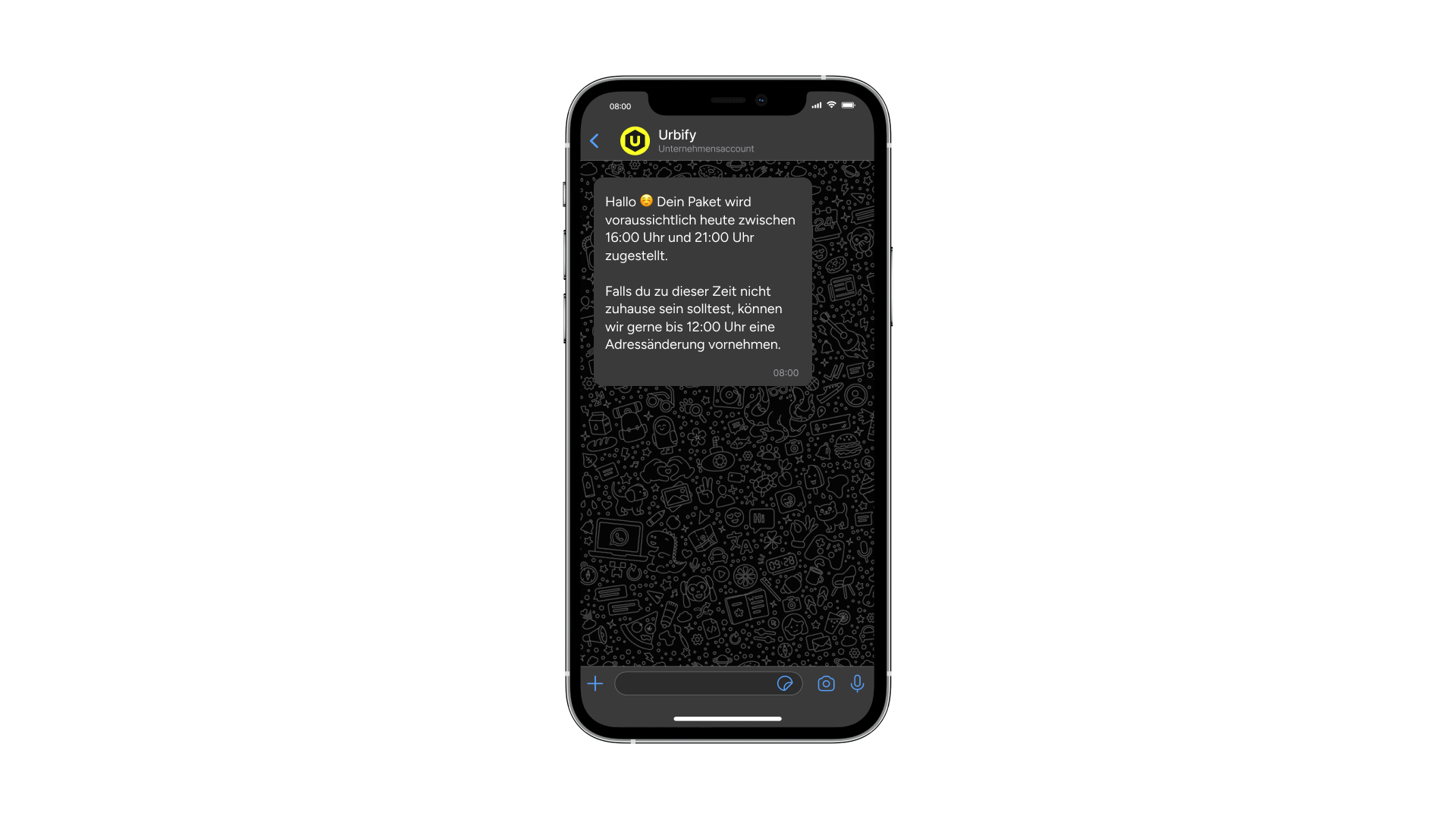Smartphone displaying a WhatsApp chat from Urbify, showing proactive delivery notification and address change options for a package, highlighting responsive logistics customer support.