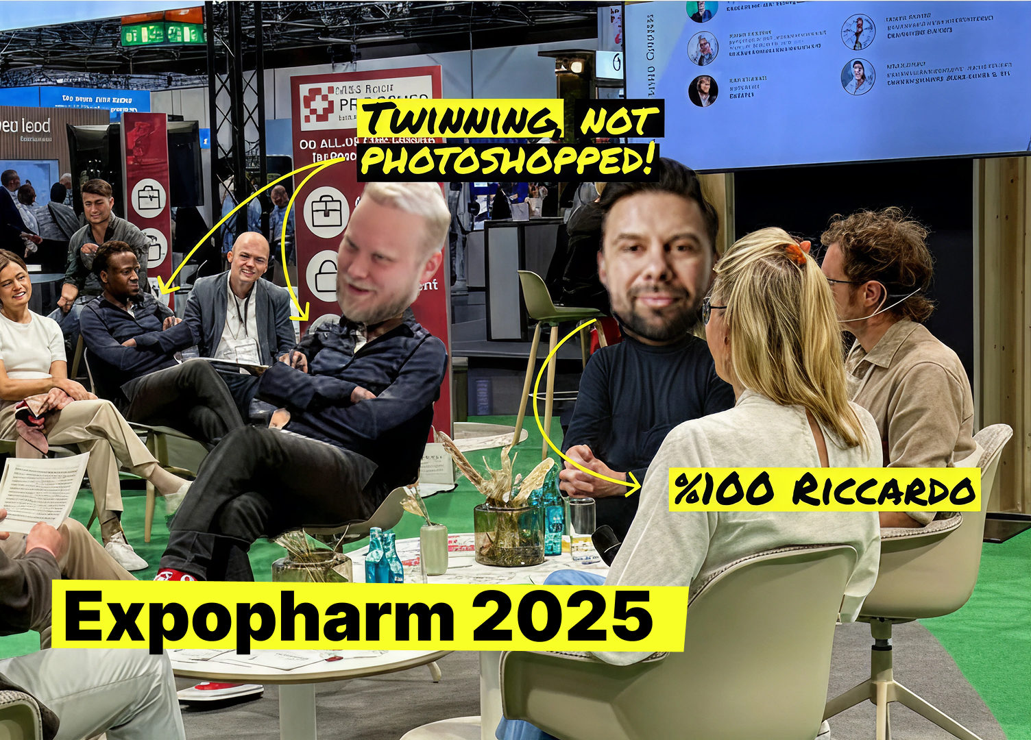 Panel‑style discussion at Expopharm 2025 with five participants; playful yellow annotations, pharmacy booths and German signage in the background.