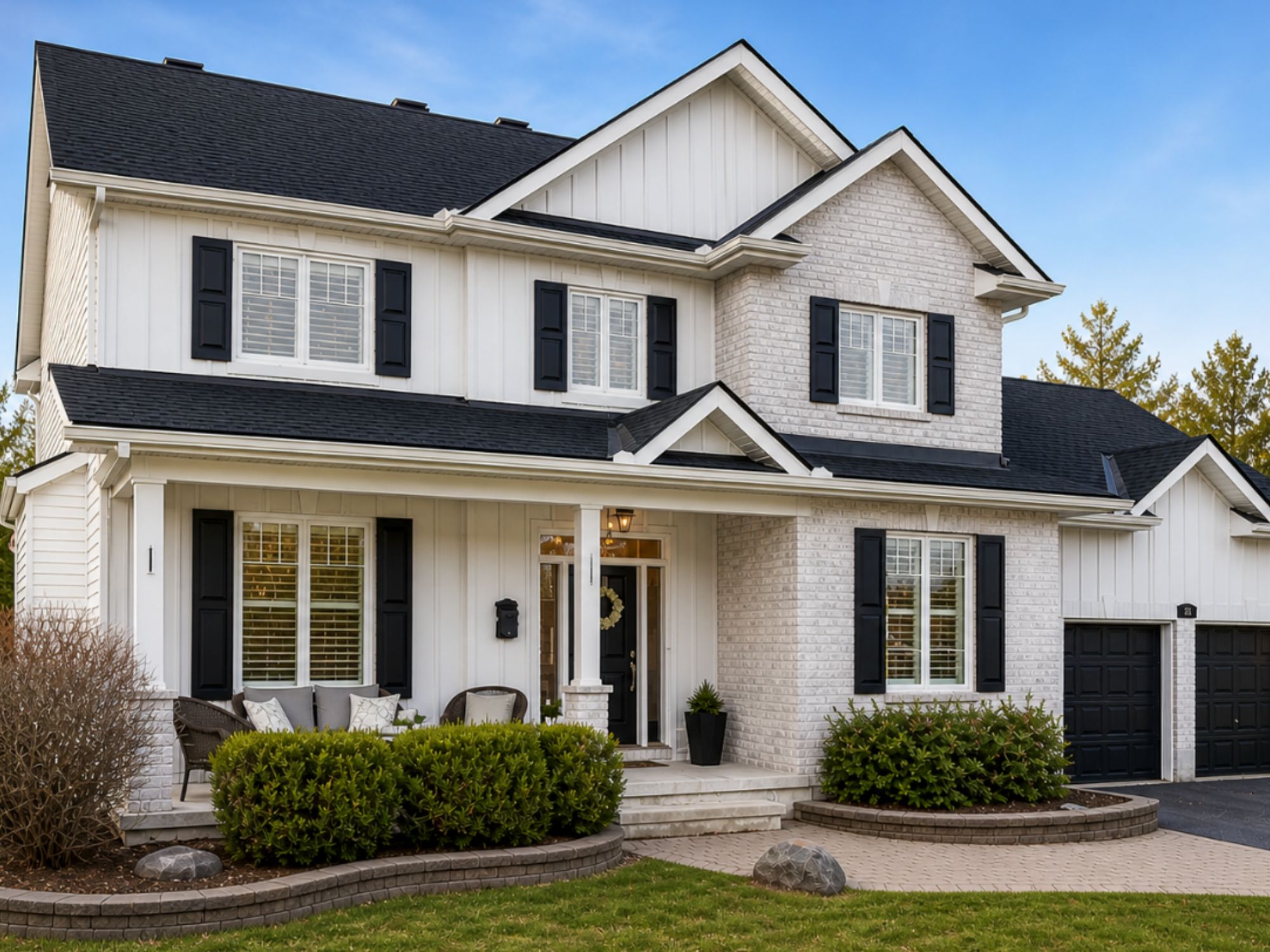 Exemple de maison avec un revêtement farmhouse blanc et noir