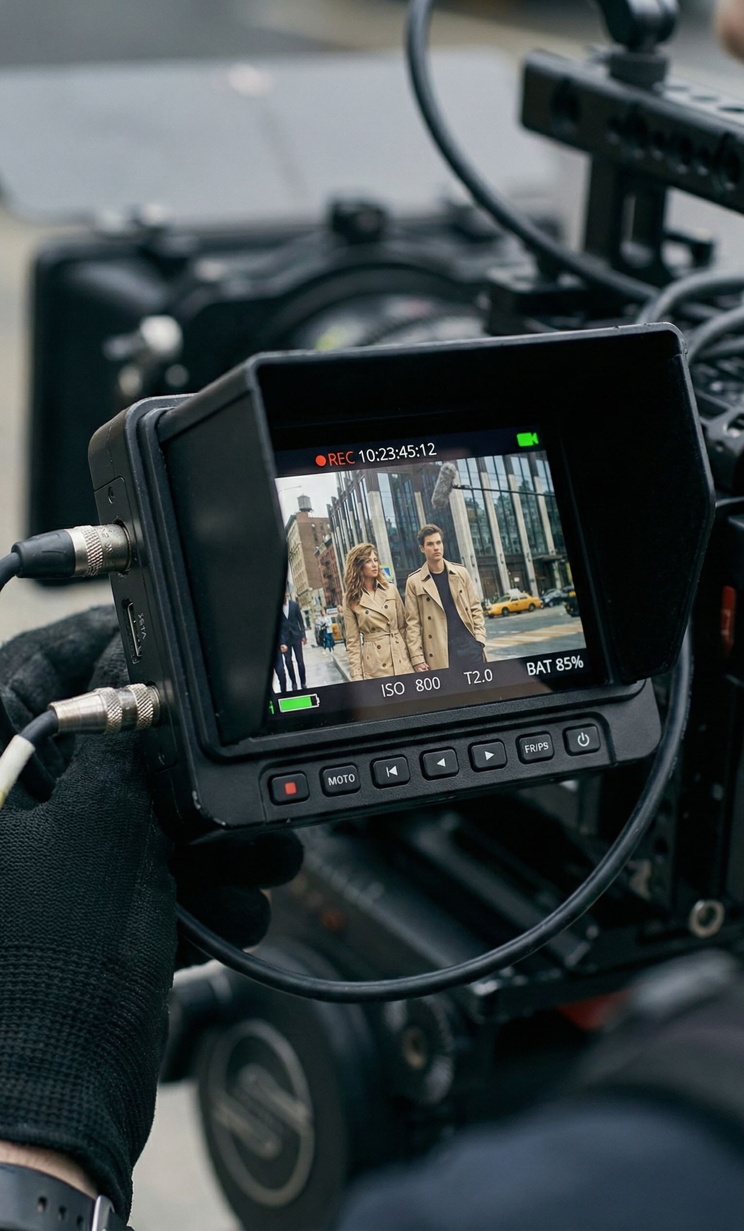 The director is looking at the monitor of the RED camera.