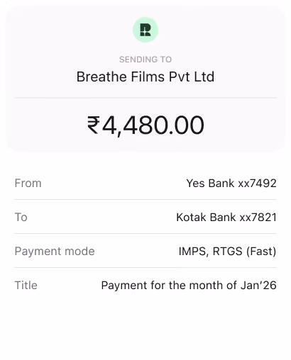 A payment record showing a bill payment with full context including vendor bank details, payment mode, and amount due, reflecting how advances and credit notes can be applied against a bill without manual tracking.