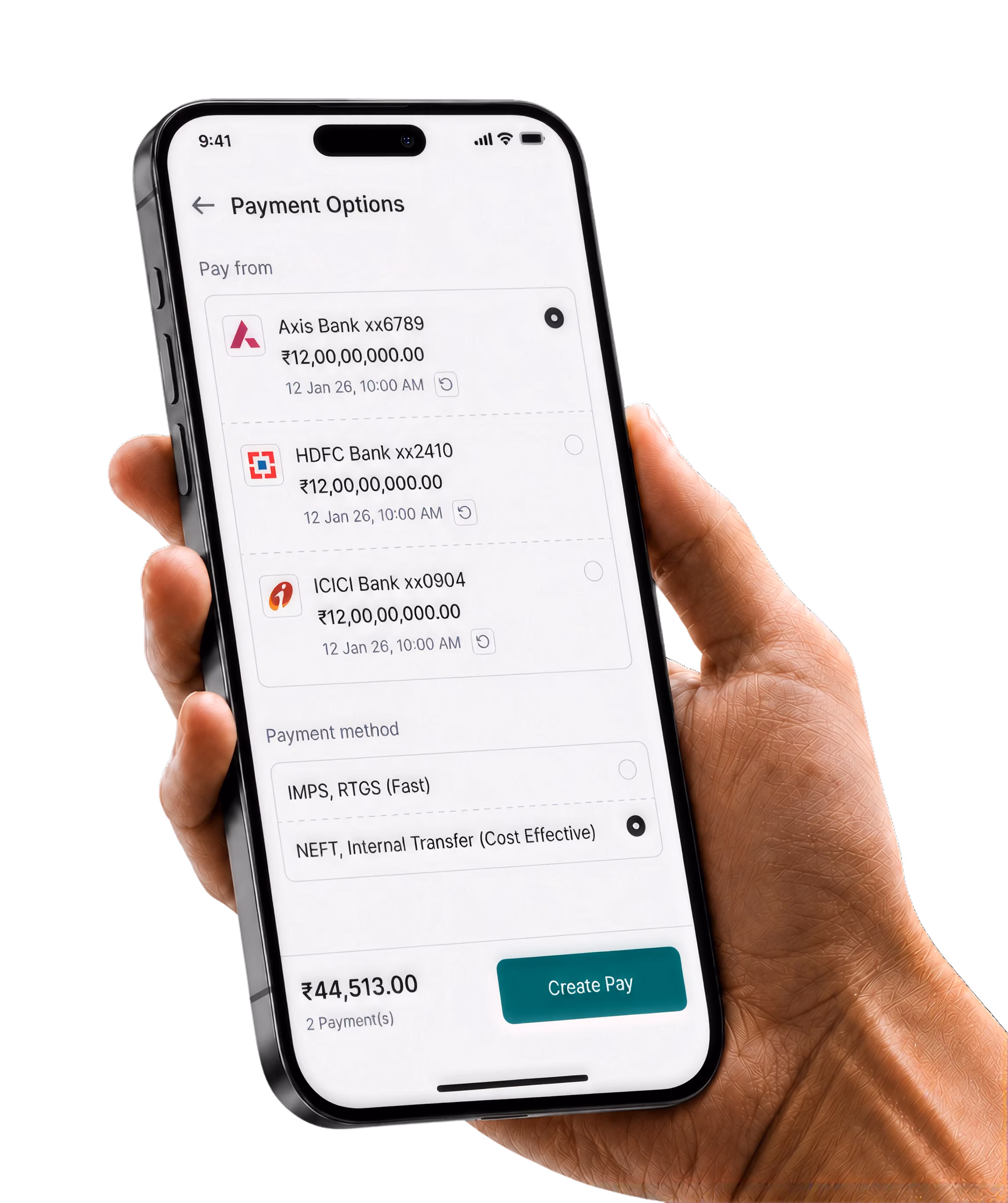 A mobile screen showing Mysa's payment options interface, letting users connect and process up to 100 payments with a single OTP directly from their phone