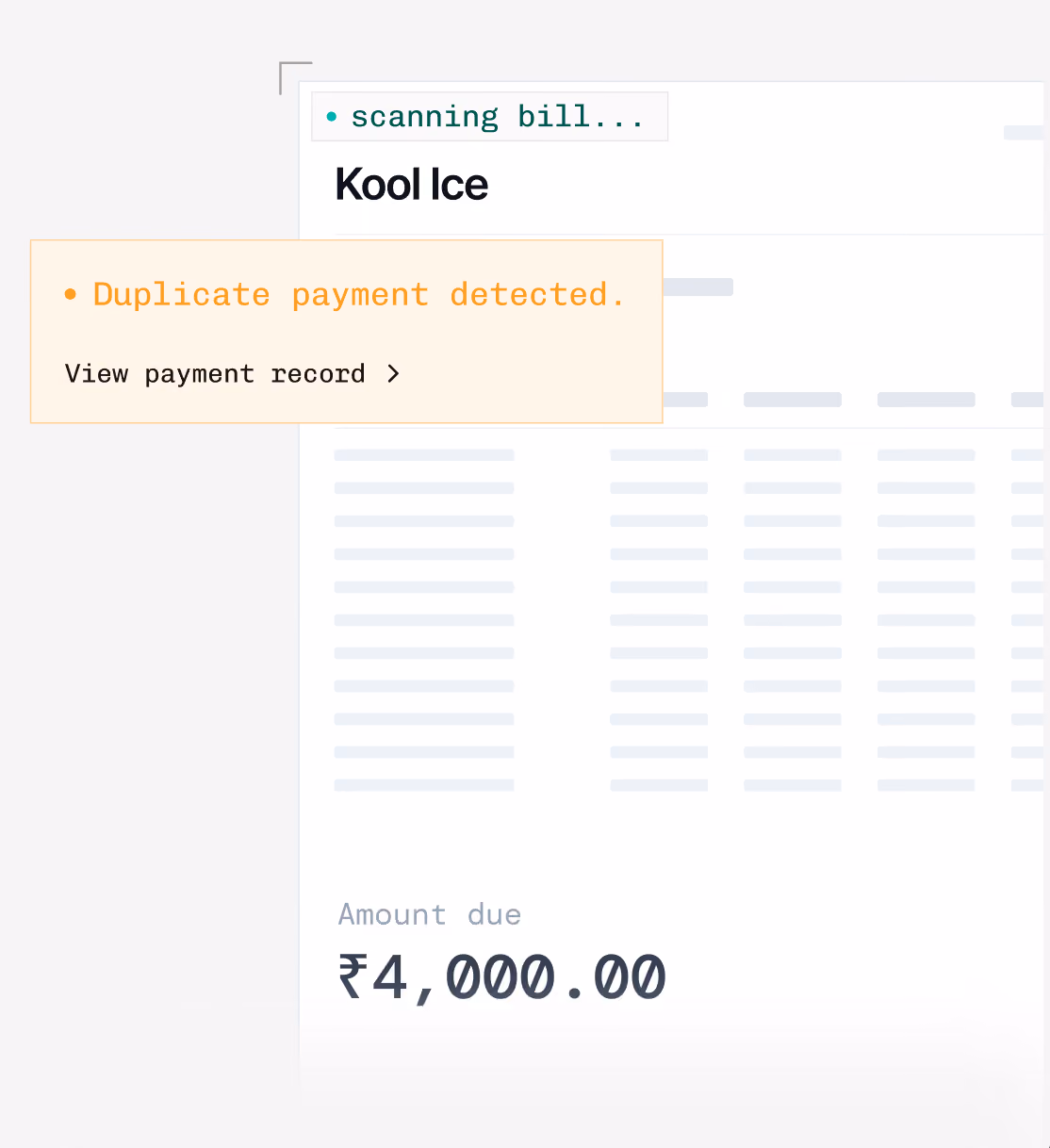 A bill review screen showing a duplicate payment detected flag on a vendor bill, helping finance teams catch and stop payment leaks before they happen.
