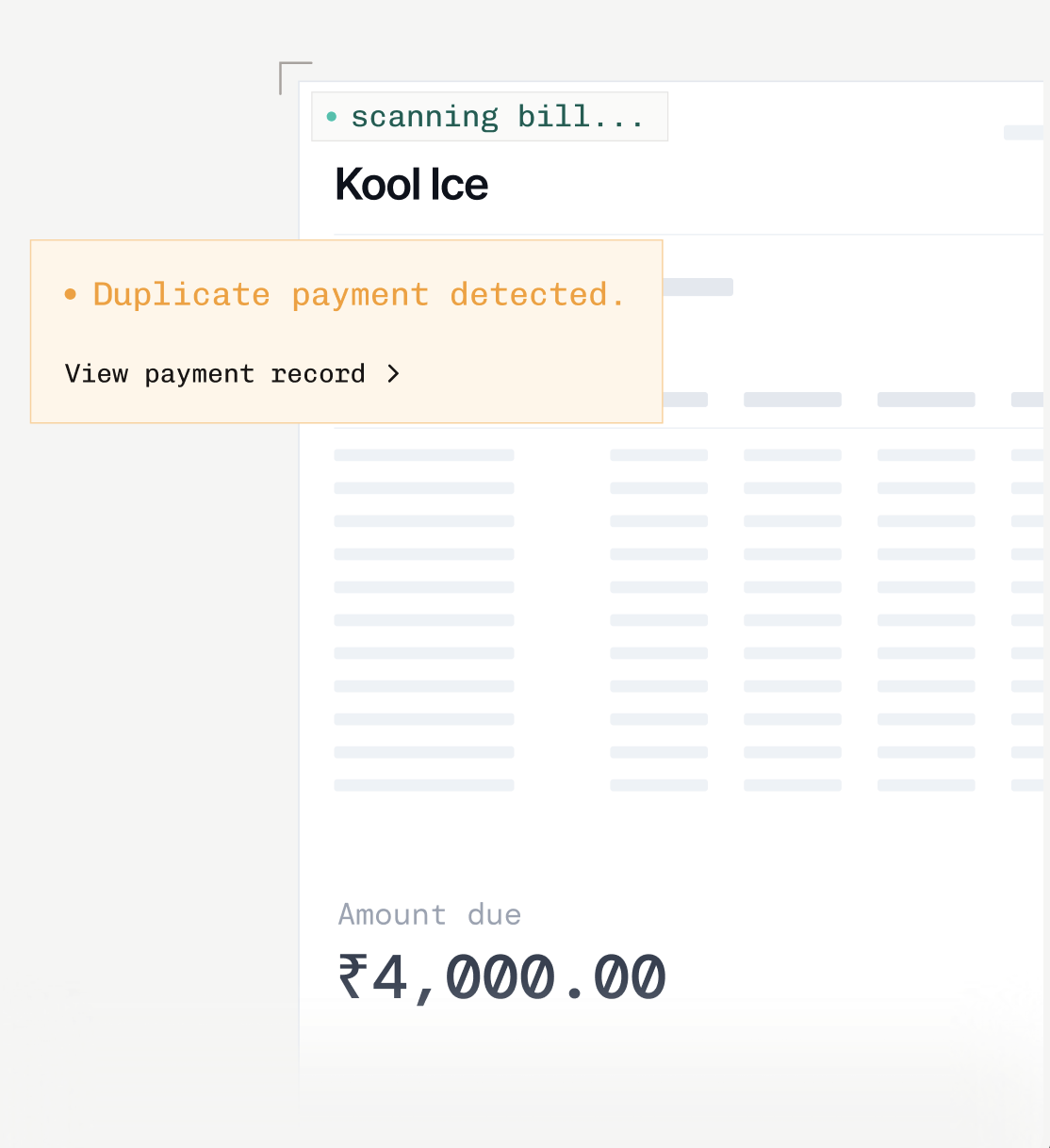 A bill review screen showing a duplicate payment detected flag on a vendor bill, helping finance teams catch and stop payment leaks before they happen.