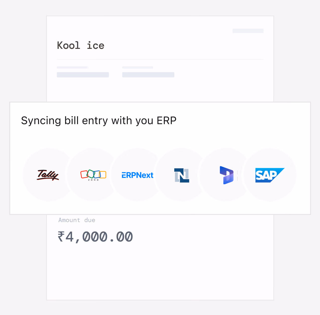 Invoice syncing into ERP logos including Tally, Zoho and SAP, showing how Mysa's scan-to-ERP agent posts bill entries directly into your accounting software