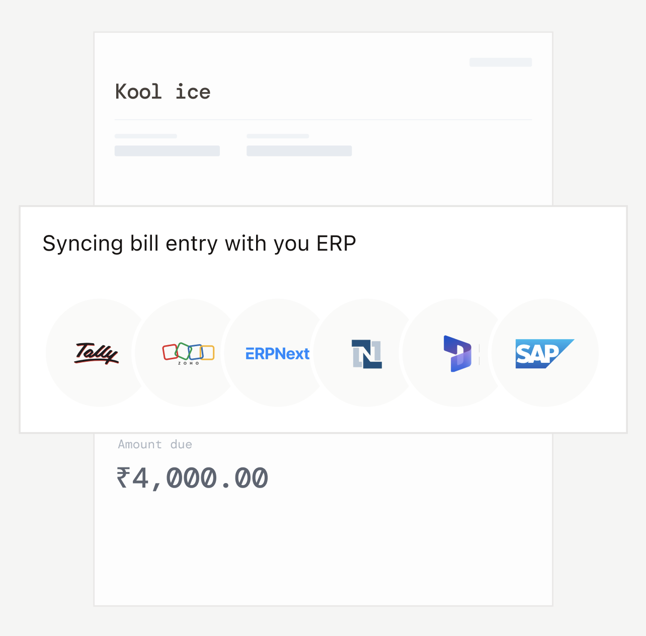 Invoice syncing into ERP logos including Tally, Zoho and SAP, showing how Mysa's scan-to-ERP agent posts bill entries directly into your accounting software