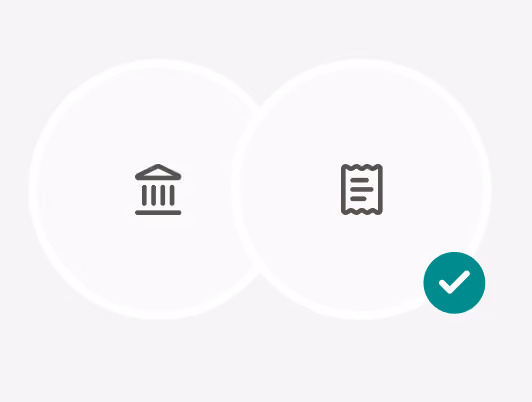 Two overlapping circles showing a bank and a document with a green checkmark, illustrating how Mysa's reconciliation agent auto-matches bills, payments and bank statements
