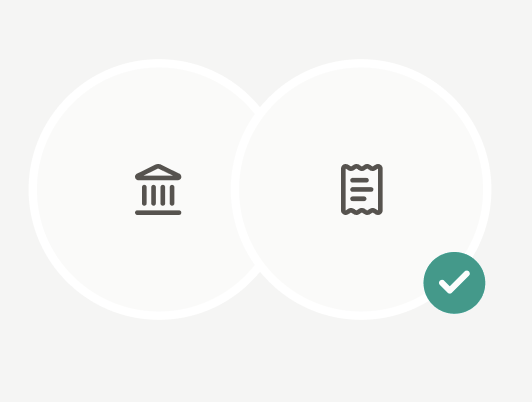 Two overlapping circles showing a bank and a document with a green checkmark, illustrating how Mysa's reconciliation agent auto-matches bills, payments and bank statements