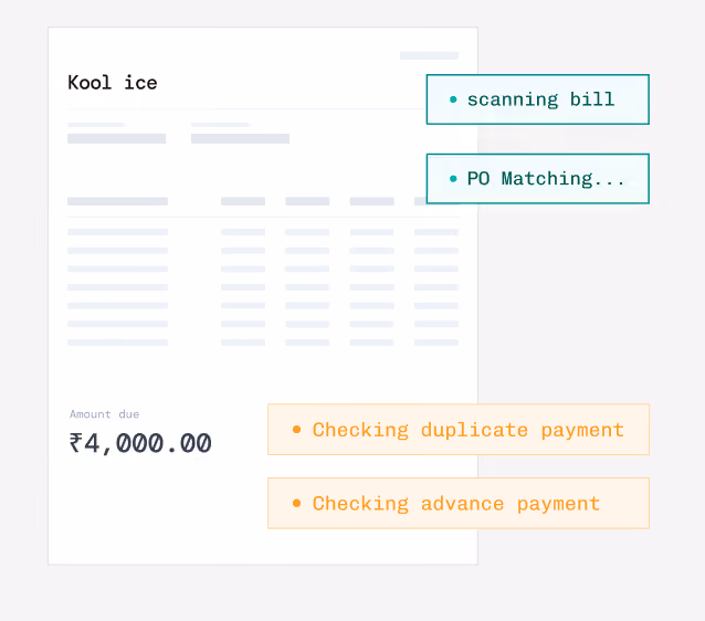 Invoice screen with amount and validation labels reading "checking duplicate payment" and "checking advance payment", showing Mysa's validation agent running GST, TDS and duplicate checks