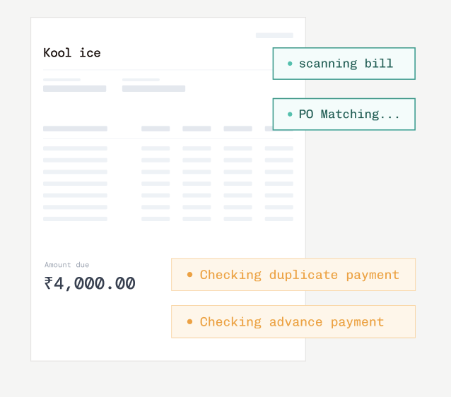 Invoice screen with amount and validation labels reading "checking duplicate payment" and "checking advance payment", showing Mysa's validation agent running GST, TDS and duplicate checks