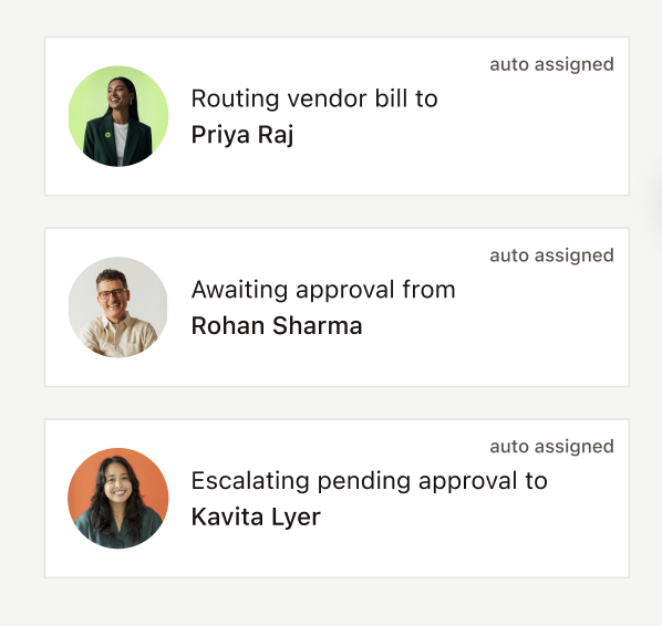 Approval queue showing bills auto-assigned to three named approvers, illustrating Mysa's approval workflows agent routing bills by amount, department and cost centre
