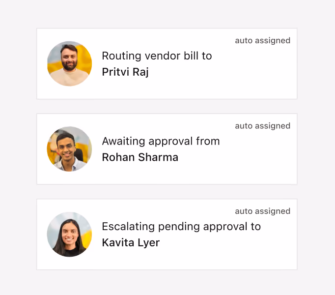 Approval queue showing bills auto-assigned to three named approvers, illustrating Mysa's approval workflows agent routing bills by amount, department and cost centre