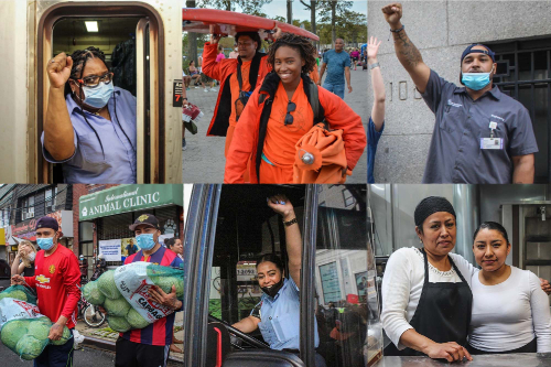 Collage of workers, including healthcare staff, shop clerks, bus driver, and cooks, smiling on the job.