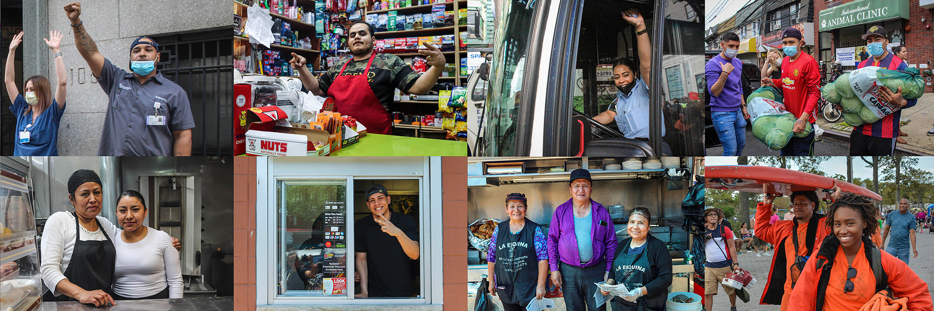 Collage of workers, including healthcare staff, shop clerks, bus driver, and cooks, smiling on the job.