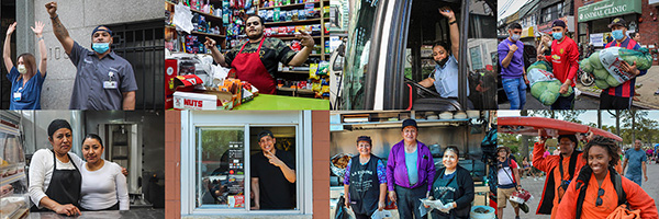 Collage of workers, including healthcare staff, shop clerks, bus driver, and cooks, smiling on the job.