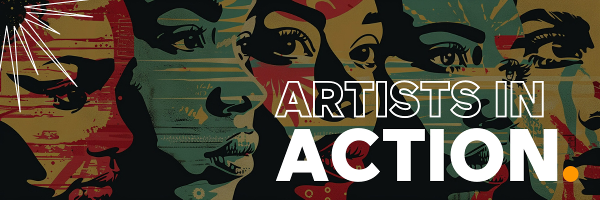 Stylized mural of expressive faces with bold text reading “Artists in Action.”