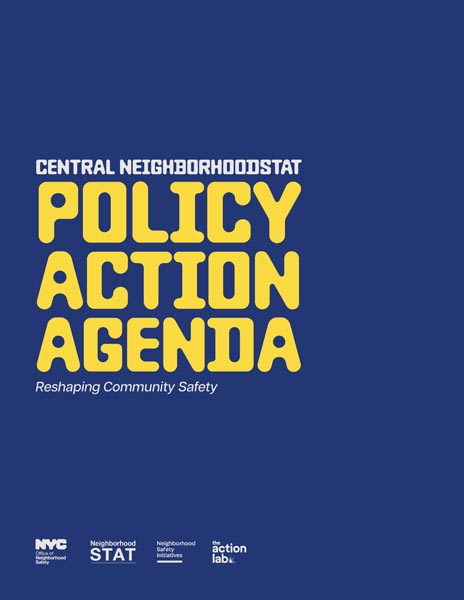 Blue cover with bold yellow title reading “Policy Action Agenda” on community safety