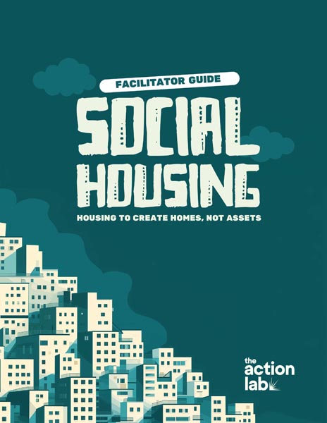 Teal cover for a Social Housing facilitator guide with illustrated apartment buildings
