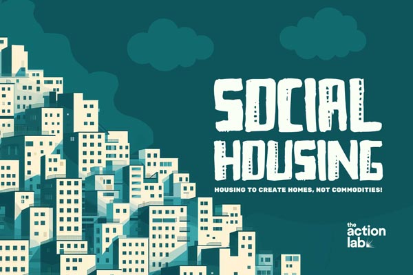 Illustrated cityscape with bold “Social Housing” text on a teal background