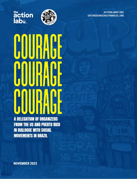Blue-toned cover titled “Courage” featuring illustrated figures from social movements in Brazil