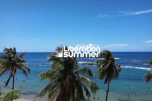 Palm-lined beach scene with swimmers under the Liberation Summer logo