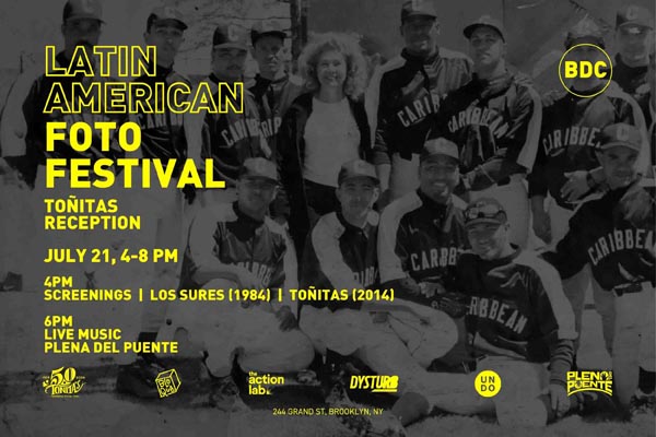 Latin American Foto Festival poster featuring a vintage baseball team with yellow event text
